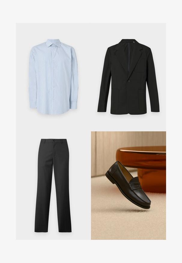 Sort blazer med klapkrave, enkelt knap, to frontlommer og en brystlomme. Lavet af glat stof med et minimalistisk design.; Blå og hvid stribet langærmet skjorte lavet af bomuld, med klassisk krave, knappet front og manchetter.; Samsøe Samsøe SAJOHNNY TROUSERS - Bukser - turkish coffee; Sort læder loafer-sko hængende over beige tæppe med ravfarvet moderne møblement i baggrunden.