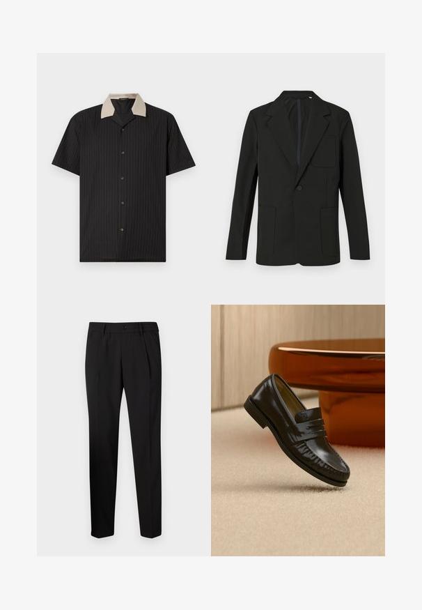Schwarzer Blazer mit Reverskragen, einem Knopf, zwei Fronttaschen und einer Brusttasche. Hergestellt aus glattem Stoff mit einem minimalistischen Design.; Kurzarmhemd in Schwarz mit vertikalen Streifen, ausgestattet mit einem beigen Kragen und Frontknöpfen. Hergestellt aus leichtem Stoff mit glatter Textur.; Schwarze maßgeschneiderte Hose mit geradem Schnitt, ausgestattet mit einem elastischen Bund, einem einzigen Knopfverschluss und zwei vorderen Falten für zusätzliche Details.; Glänzender schwarzer Leder-Loafer mit einem Riemendetail, auf einem beigen Teppich neben einem runden braunen Couchtisch in einem sanft beleuchteten Raum platziert.