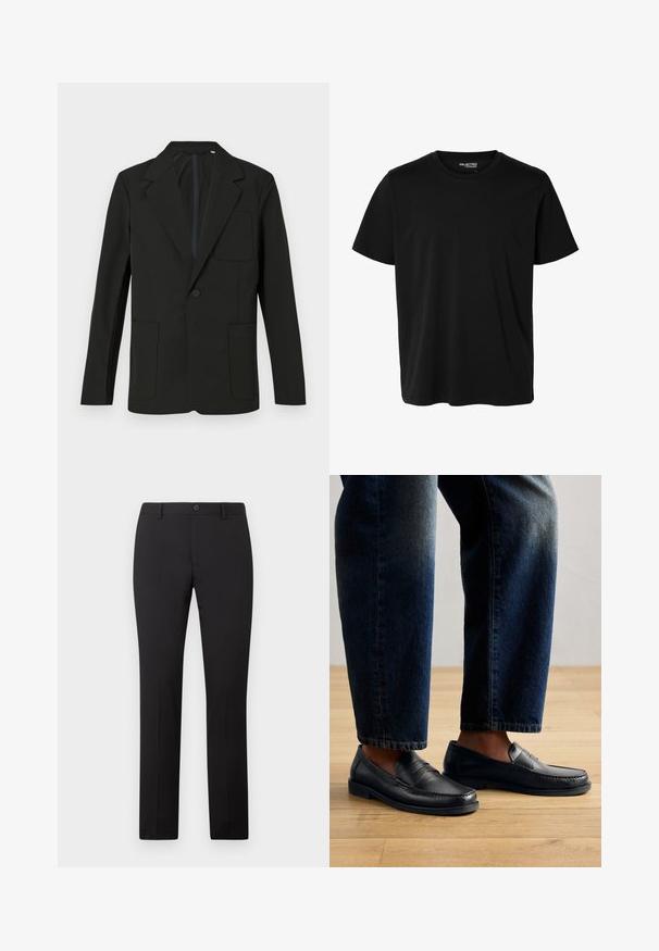 Blazer negro con solapa muesca, un solo botón, dos bolsillos frontales y un bolsillo en el pecho. Hecho de una tela suave con un diseño minimalista.; Camiseta negra lisa de manga corta y cuello redondo con corte de hombre, sin patrones ni logotipos visibles en el delantero.; Pantalones negros a medida con diseño de pierna recta, con cierre de botón y trabillas para cinturón. Hechos de tela suave sin patrones visibles.; Mocasines de cuero negro con detalles de costura y acentos texturizados, combinados con denim oscuro, mostrando un diseño casual y estilizado.