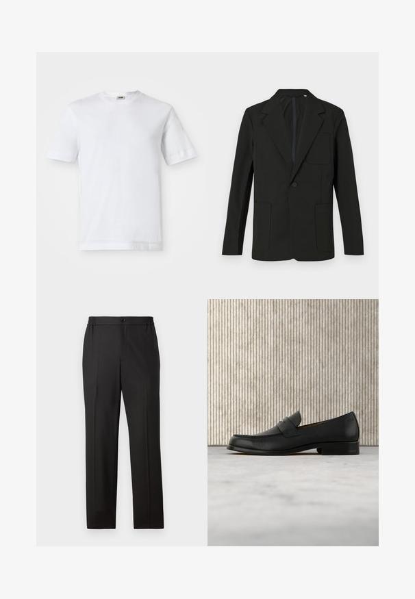 Blazer negro con solapa muesca, un solo botón, dos bolsillos frontales y un bolsillo en el pecho. Hecho de una tela suave con un diseño minimalista.; Camiseta de algodón blanca con mangas cortas, escote redondo y una textura suave. No se observan patrones ni detalles.; Pantalones negros con diseño de pierna recta, cintura elástica con cierre de botón, frente plano y textura de tela suave.; Zapato mocasín de cuero negro flotando sobre una alfombra beige con una mesa redonda marrón brillante al fondo.