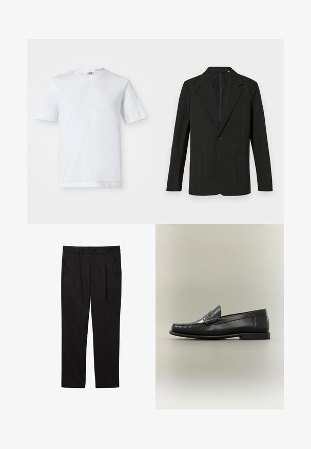Zwarte blazer met een gelapte revers, één knoop, twee voorzakken en een borstzak. Gemaakt van gladde stof met een minimalistisch ontwerp.; Witte katoenen t-shirt met korte mouwen, ronde hals en een soepele textuur. Geen patronen of accenten zichtbaar.; Zwarte formele herenbroek met voorzakken, riemlussen, knoopsluiting en een rechte pijp.; Zwarte leren herenslipper met moc-toe ontwerp, pennestrook en lage hak op een neutrale achtergrond.