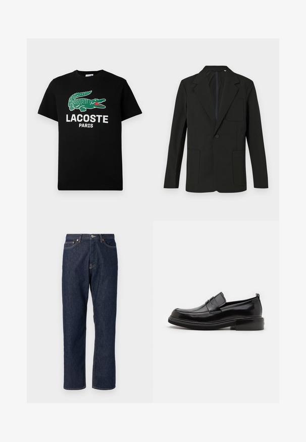 Blazer noir avec un revers cranté, un bouton unique, deux poches avant et une poche poitrine. Fabriqué en tissu lisse avec un design minimal.; T-shirt en coton noir avec un logo de crocodile vert et le texte "LACOSTE PARIS" en blanc. Manches courtes et col rond classique.; Jean en denim bleu foncé avec une coupe droite. Comprend une fermeture à bouton et à fermeture éclair, cinq poches et des détails de surpiqure contrastants.; Calvin Klein MOCCASIN - Mocassins de ville - black