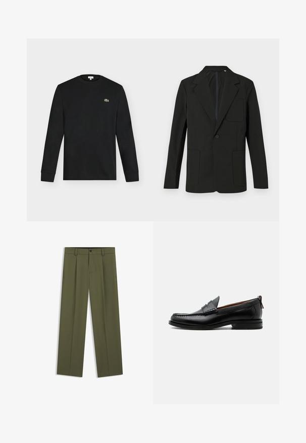 Schwarzer Blazer mit Reverskragen, einem Knopf, zwei Fronttaschen und einer Brusttasche. Hergestellt aus glattem Stoff mit einem minimalistischen Design.; Schwarzes Langarmshirt mit Rundhalsausschnitt und kleinem grünen Krokodil-Logo auf der linken Brust, vor einem einfarbigen hellen Hintergrund dargestellt.; Olivgrüne Hose mit geradem Bein, Gürtelschlaufen, einem vorderen Knopf und Reißverschluss, flach auf weißem Hintergrund präsentiert.; Schwarzer Leder-Herrenschuh mit Mokassinnaht, Penny-Riemen, strukturiertem Kragen und niedrigem gestapeltem Absatz auf weißem Hintergrund.