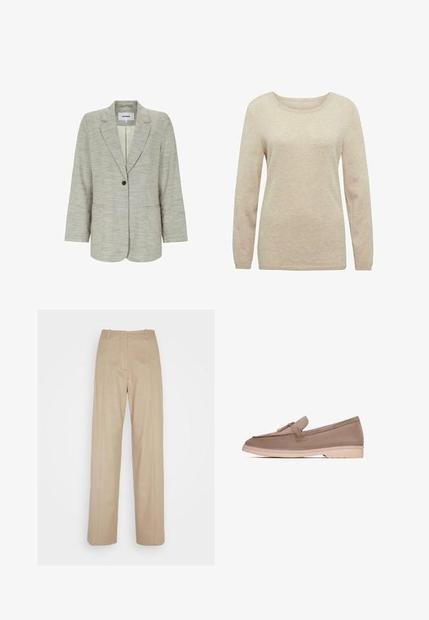 Veste gris clair à un bouton avec revers crantés et poches frontales, en tissu texturé, étiquette Soft Rebels.; Pull beige à manches longues avec un col rond. Texture douce, poignets et ourlet côtelés. Design simple sans motifs ni accents.; Calvin Klein TAILORED STRAIGHT PANT - Pantalon classique - cinder; Mocassins en cuir brun avec une texture lisse, dotés d'une bande décorative et d'un matériel en or, reposant sur une semelle en caoutchouc beige clair.