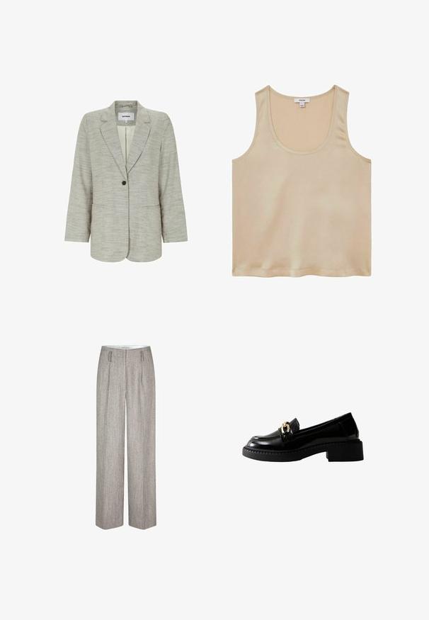 Hellgrauer Ein-Knopf-Blazer mit Kerbkragen und Fronttaschen, gefertigt aus strukturiertem Stoff, Marke Soft Rebels.; Reiss REGULAR FIT - Bluse - neutral; Second Female JUN - Stoffhose - trench coat; Schwarze Loafers aus Lackleder mit goldfarbenen Metallakzenten, abgerundeter Spitze und klobiger Sohle. Glatte Textur mit markanten Nahtdetails.