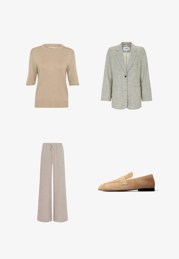 Hellgrauer Ein-Knopf-Blazer mit Kerbkragen und Fronttaschen, gefertigt aus strukturiertem Stoff, Marke Soft Rebels.; Culture CUEBBA ANNEMETTE - Strickpullover - tannin; Hellbeige Hose mit weitem Bein, elastischem Bund und vorderem Bindeband aus strukturiertem Stoff.; Hellbrauner Wildleder-Slipper mit niedrigem schwarzem Absatz und breitem Riemendetail über dem Spann, im Seitenprofil vor weißem Hintergrund dargestellt.