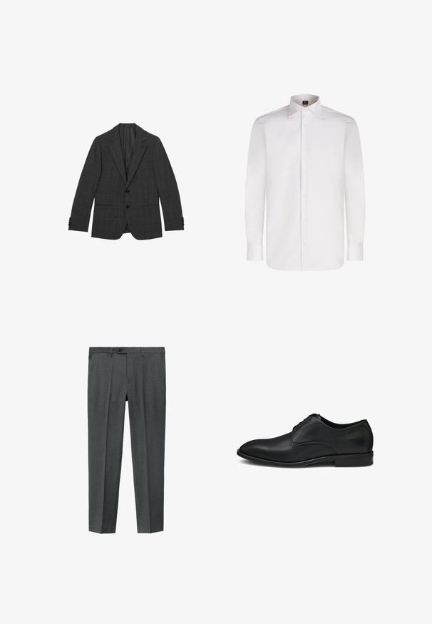 Blazer pour homme gris foncé avec un motif à carreaux subtil, col cranté, devant à deux boutons et poches à rabat, présenté à plat sur un fond blanc.; Chemise blanche à manches longues avec boutons, en tissu lisse, dotée d'un col classique et d'un ourlet arrondi, avec des boutons sur le devant et des manches à poignet.; Pantalons gris ajustés avec une texture lisse, plis avant simples et fermeture à bouton. Présentent des jambes droites et des poches latérales.; Chaussure habillée en cuir noir avec une finition lisse, un bout arrondi et un laçage à cinq oeillets, agrémenté de subtils accents de couture.