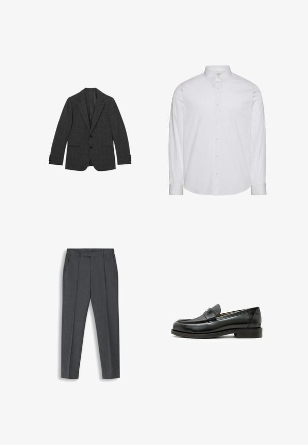 Donkergrijs herenblazer met subtiel ruitpatroon, notch revers, twee knopen aan de voorkant en klepzakken, plat uitgestald op een witte achtergrond.; Witte, lange mouwen, katoenen overhemd met knopen. Voorzien van een standaardkraag, een voorste knopenlijst en een afgeronde zoom. Subtiel merklogo.; Donkergrijze, op maat gemaakte herenbroek met voorplooien, riemlussen, zijzakken en een knoopsluiting in de taille.; Zwarte leren loafer met een textuuraccent van zwart leer, ronde neus en een lage blokhak; beschikt over een decoratief metallic detail.