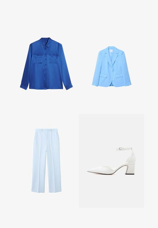 Lichtblauwe blazer met één knoop, voorzien van inkeping revers en twee klepzakken, getoond op een witte achtergrond.; Satijnen blauwe blouse met een kraaglijn, lange mouwen, twee borstzakken en knoopsluiting aan de voorkant. Soepele, glanzende textuur.; Lichtblauwe op maat gemaakte broek met riemlussen, zijzakken en voorplooien.; Witte schoenen met spitse neus, midhak, enkelbandje met gesp, glad oppervlak en blokhak op een effen lichte achtergrond.