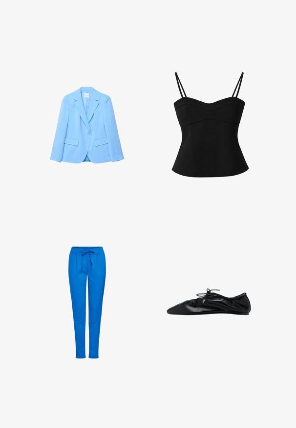 Lyseblå blazer med enkelt knaplukning, hakkede revers og to klaplommer, vist på en hvid baggrund.; Sort tætsiddende camisole-top med dobbelte tynde skulderstropper og en sweetheart-udskæring, vist mod hvid baggrund.; Blå joggingbukser lavet af blødt stof, med elastisk talje og snøre, to forlommer og smal bendesign.; Sort ballerinasko i læder med samlet tå og snøre med metalender, minimalistisk og elegant set fra siden.