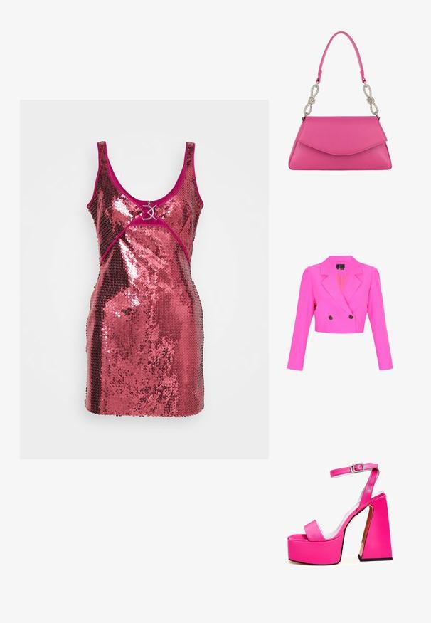 Zugeschnittener, leuchtend pinker, doppelt geknöpfter Blazer mit gekerbten Revers, strukturierten Schultern, langen Ärmeln und zwei schwarzen Knöpfen.; Paillettenkleid in glänzendem Pink mit einer figurbetonten Passform. Merkmale sind ein tief ausgeschnittener Ausschnitt, breite Träger und ein dekoratives Hardware-Detail an der Vorderseite.; Rosa Plateausandalen mit breitem quadratischem Absatz, Knöchelriemen, glatter Oberfläche und offener Zehenpartie. Schnallenakzent am Knöchel.; Pinkfarbene Lederhandtasche mit einer strukturierten Klappe und einem einzelnen Griff mit zwei silbernen strassbesetzten schleifenförmigen Applikationen.