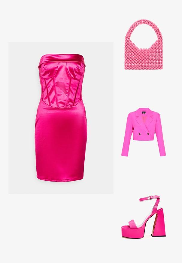 Beskåret, skarp lyserød dobbeltradet blazer med hakkede revers, strukturerede skuldre, lange ærmer og to sorte knapper.; WAL G. MILLA CORSET - Cocktailkjole / festkjole - fuchsia; Lyserøde platform sandaler med bred firkantet hæl, ankelrem, glat finish og åben tå design. Spændeaccent ved anklen.; Lyserød håndtaske lavet af glinsende perler, med et rundt håndtag og åbent top. Struktureret overflade med en gitterlignende perlearrangement.