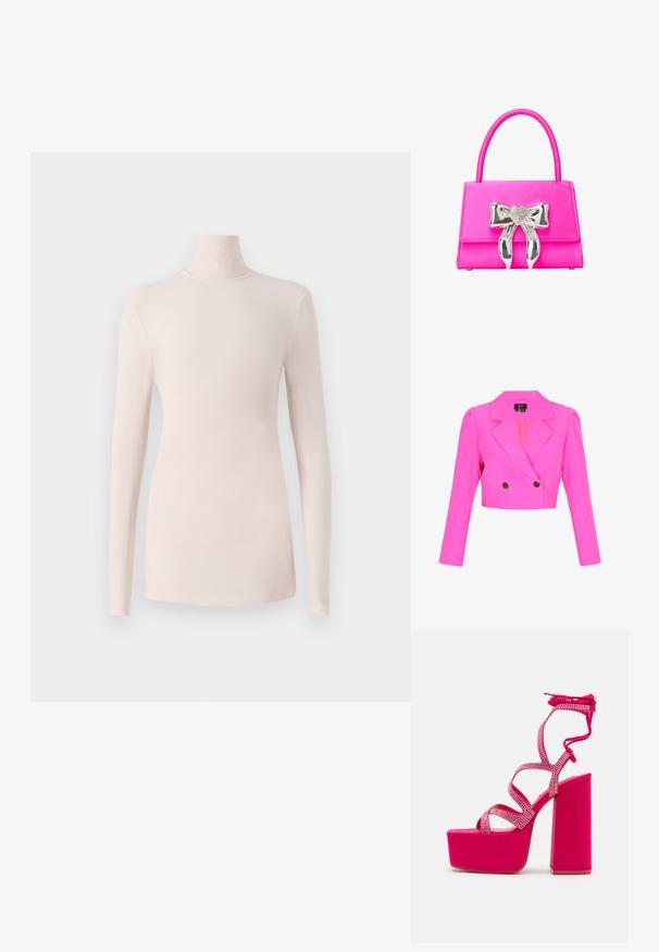 Zugeschnittener, leuchtend pinker, doppelt geknöpfter Blazer mit gekerbten Revers, strukturierten Schultern, langen Ärmeln und zwei schwarzen Knöpfen.; Hellrosa Langarm-Top mit Rollkragen aus weichem, elastischem Material, körpernah geschnitten und mit minimalen Nähten.; Steve Madden CHAMPAGNE - Plateausandalette - pink; Rosa Handtasche mit glatter Textur, versehen mit einem silbernen, herzförmigen Schleifenakzent und einer strukturierten rechteckigen Form. Ausziehbarer Griff.