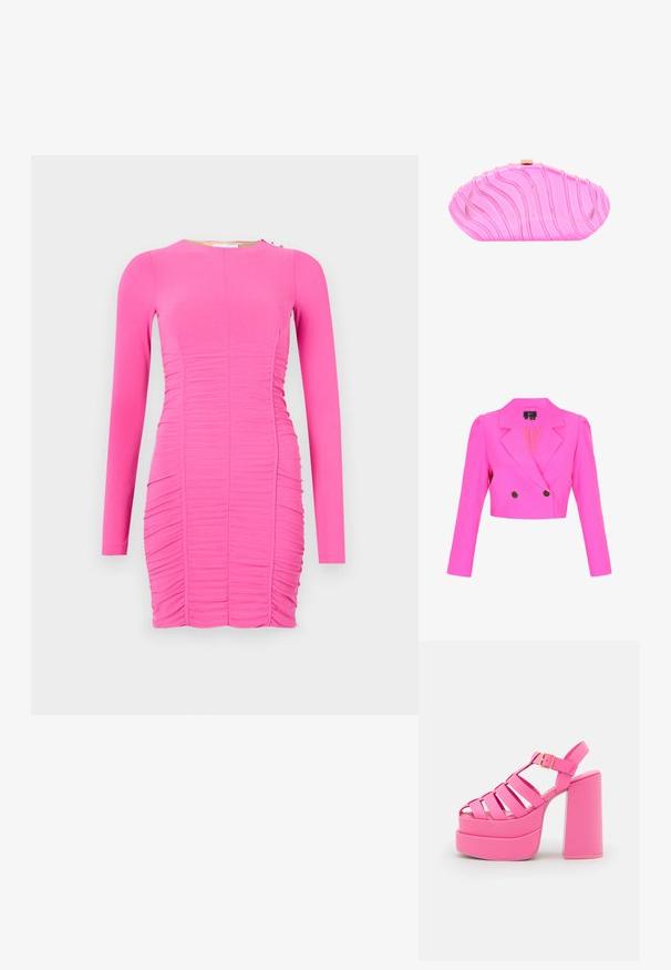 Beskåret, skarp lyserød dobbeltradet blazer med hakkede revers, strukturerede skuldre, lange ærmer og to sorte knapper.; Figurtilpasset kjole med lange ærmer i lysende pink. Har rynket tekstur, rund halsudskæring og sidelæg med en lille metallisk detalje.; Steve Madden CARLITA - Højhælede sandaletter / Højhælede sandaler - pink; Pink akryl clutch med bølget overfladedesign. Har en guldfarvet lås øverst. Den glatte tekstur forbedrer den overordnede æstetik.