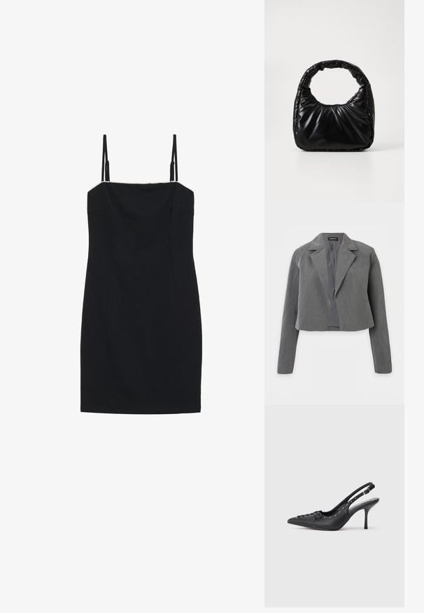 Kort grå blazer med notch revers, lange ærmer og åben front, vist mod en hvid baggrund.; Sort minikjole med tynde stropper og en lige halsudskæring. Har en tætsiddende silhuet og en struktureret kant langs halsudskæringen.; Sorte læder slingback stiletto med spids tå, side spændebånd, nitter langs kanten og dekorativ snøring foran.; Sort polstret håndtaske med et rundt håndtag, der har en glat, skinnende overflade og en blød, kviltet tekstur. Ingen synlige hardware eller accenter.