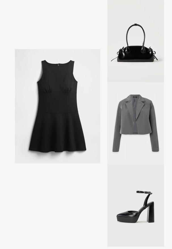 Blazer gris recortado con solapas con muesca, mangas largas y delantero abierto, exhibido sobre un fondo blanco.; Vestido negro sin mangas con corsé ajustado, escote redondo y falda acampanada, exhibido de manera plana sobre un fondo blanco.; Zapatos de tacón negro con punta afilada y correa ajustable en el tobillo. Confeccionados en cuero suave, presentan un tacón grueso.; Pequeño bolso negro brillante con dos asas largas y detalles de cordón lateral sobre un fondo claro liso.