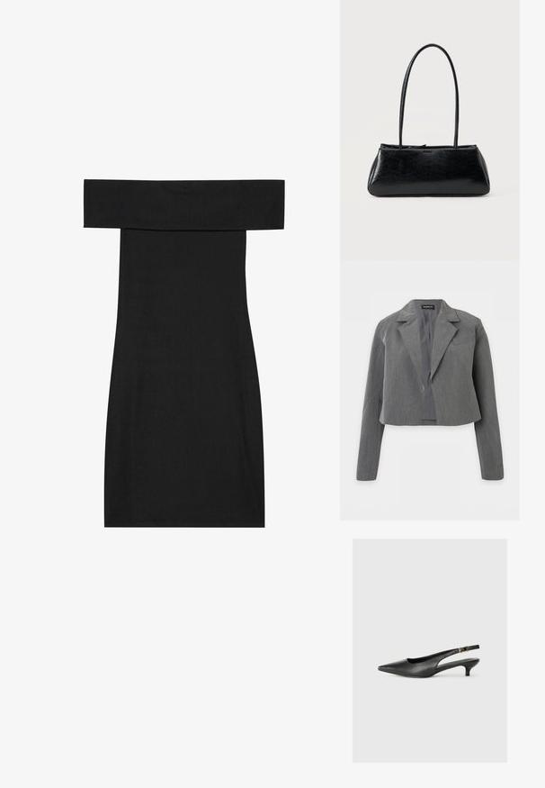 Kort grå blazer med notch revers, lange ærmer og åben front, vist mod en hvid baggrund.; Sort off-shoulder kjole lavet af ribbet stof. Designet har en tætsiddende form og en lige kant, der fremhæver en glat tekstur.; Sorte spidse slingback-sko lavet af glat læder. Har en tynd hæl og en spænde detalje på den justerbare rem.; Sort rektangulær skuldertaske med lange tynde stropper og en glat, blank tekstur på en ensfarvet baggrund.