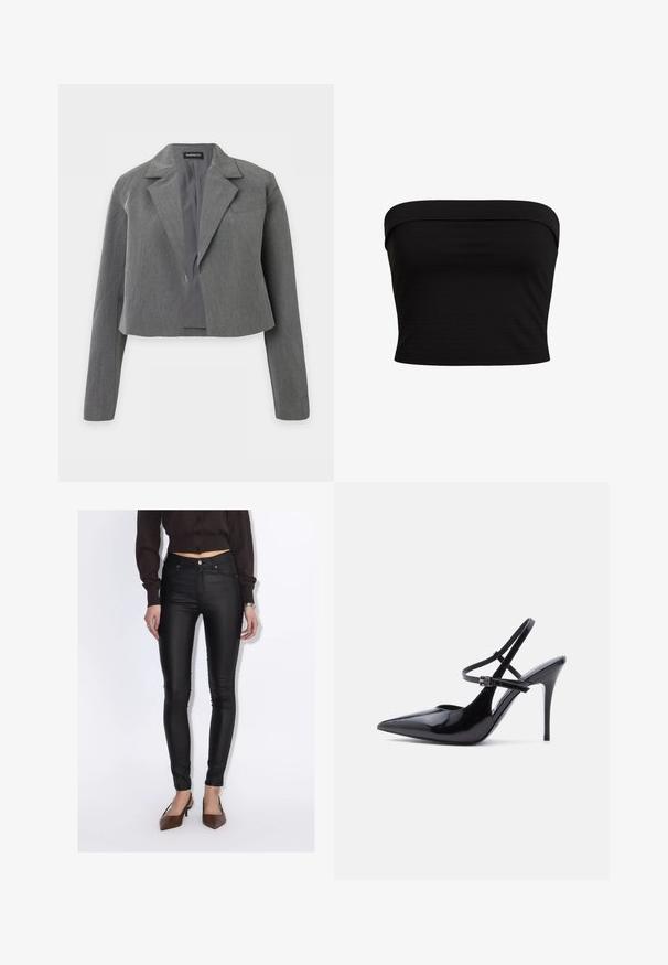 Kort grå blazer med notch revers, lange ærmer og åben front, vist mod en hvid baggrund.; Sort strapless top med et tætsiddende design, lavet af blødt stof med en glat overflade og rene kanter. Ingen yderligere mønstre eller accenter.; Kvinde iført sorte høj-taljede skinny bukser, en kropsnær mørkebrun knapbluse og brune spidse hæle.; Sort laklædersko med spids tå og høj hæl, med to smalle justerbare ankelstropper og en stilet hæl, vist fra siden.