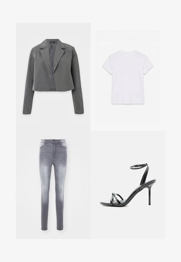 Kort grå blazer med notch revers, lange ærmer og åben front, vist mod en hvid baggrund.; Hvid kortærmet t-shirt i bomuld med rund hals, lagt fladt på en hvid baggrund.; Slanke jeans i falmet grå denim, med høj talje, standard fem-lomme design og subtile slidmærker foran.; Sort laklæder høje hæle sandal med tynde remme, der krydser tæerne, og en ankel spænde rem på en hvid baggrund.