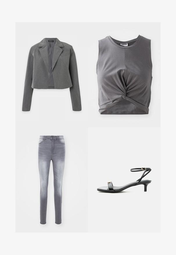 Kort grå blazer med notch revers, lange ærmer og åben front, vist mod en hvid baggrund.; Grå ærmeløs crop top lavet af blød bomuld, med et snoet frontdetalje og et tætsiddende design. Glat tekstur med en rund udskæring.; Slanke jeans i falmet grå denim, med høj talje, standard fem-lomme design og subtile slidmærker foran.; Sort læder sandal med åben tå, lav lillehæl, tynd ankelrem med guldlås og dekorativt gyldent accent på frontremmen.