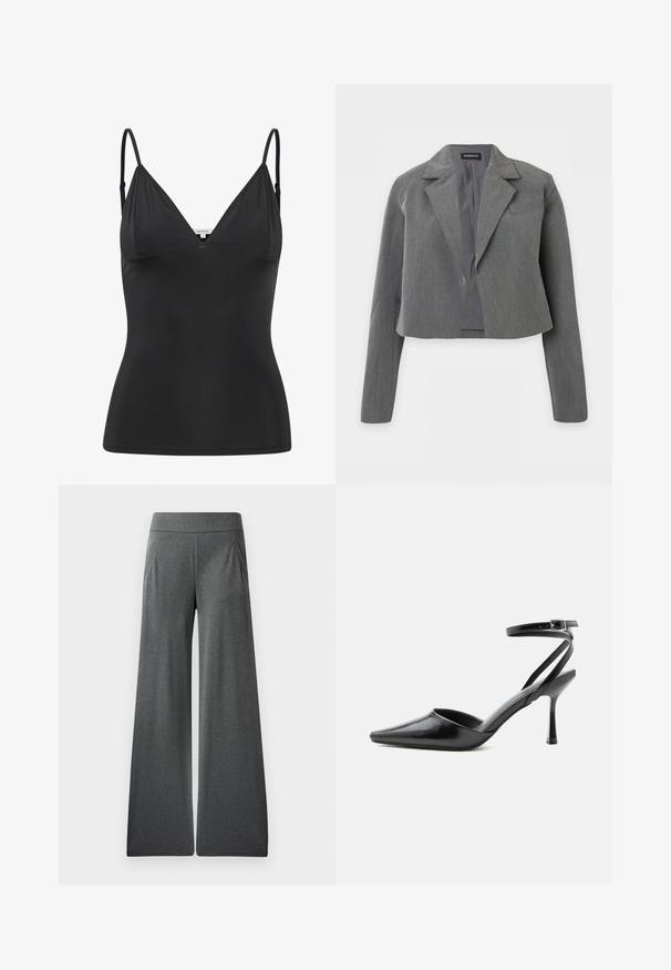 Kuttet grå blazer med hakkelommer, lange ermer og åpen front, vist mot en hvit bakgrunn.; Svart, tettsittende cami med justerbare tynne stropper, V-hals, sømløst design og glatt tekstur. Laget av et mykt, elastisk materiale.; Grå vide bukser med flad talje, læg foran og en glat tekstur, designet for komfort og bevægelsesfrihed.; Svart spiss tå høyhæl med tynne ankelstrammer og sølvspenne på ensfarget lys bakgrunn.