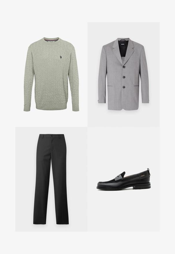 Grå stribet blazer lavet af stof med en glat overflade. Har klapkrave, tre knapper og to forlommer.; Lys grå strikket sweater med kabelmønster, rund halsudskæring og ribbede ærmer. Broderet logo på venstre bryst.; Samsøe Samsøe SAJOHNNY TROUSERS - Bukser - turkish coffee; Sort læderloafer med grå remdetalje, lav hæl og tekstureret sål, mærket med "HUGO" i guld på siden.