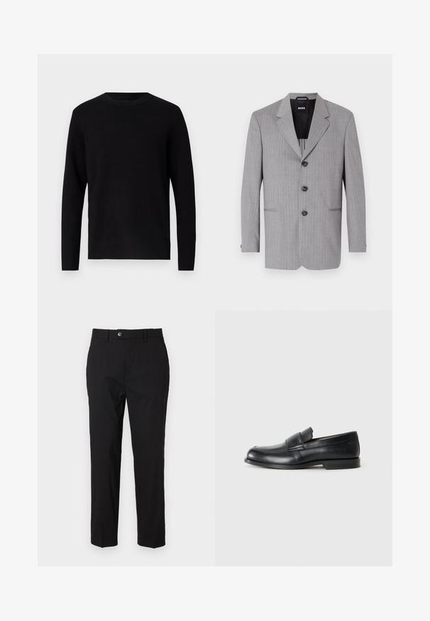 Blazer à rayures grises en tissu au toucher lisse. Il possède des revers crantés, trois boutons et deux poches avant.; Pull en maille noir avec un col rond et des manches longues. Texture lisse et couleur unie, sans motifs ni accents visibles.; Pantalons noirs en tissu lisse, avec une fermeture à bouton, des passants de ceinture et deux poches latérales. Design à jambe droite avec un minimum de détails.; Mocassins en cuir noir avec un bout rond, des détails cousus et une semelle en caoutchouc plate. Présentent une large bande sur le cou-de-pied.