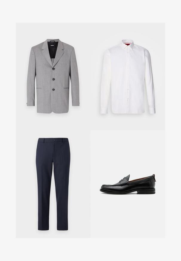 Blazer gris con rayas finas, fabricado en un tejido de textura suave. Cuenta con solapas con muesca, tres botones y dos bolsillos frontales.; Camisa blanca de manga larga hecha de algodón, con un collar clásico, placket frontal con botones y una textura suave. Detalle interior del collar en rojo.; Pantalones de marina hechos de una tela suave, con un corte recto, presillas para cinturón y un cierre de botón único en la cintura.; Mocasín de hombre de piel negra con costura moc toe, tira penny, cuello texturizado y tacón bajo apilado sobre fondo blanco.