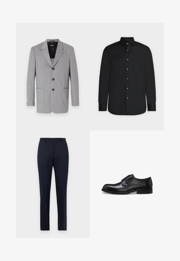 Grau gestreifter Blazer aus einem Stoff mit glatter Textur. Er hat auffällige Revers, drei Knöpfe und zwei vordere Taschen.; Schwarzes, langärmeliges Hemd mit Knöpfen, spitzem Kragen und weißen Knöpfen, flach auf hellem Hintergrund dargestellt.; Marineblaue, maßgeschneiderte Herrenhosen mit subtilen Karomuster, Gürtelschlaufen und Bügelfalte, frontal auf weißem Hintergrund präsentiert.; Schwarzer polierter Herrenschuh aus Leder mit geschlossenem Schnürsystem, niedrigem Absatz und dezentem Marken-Detail nahe der Ferse auf weißem Hintergrund.