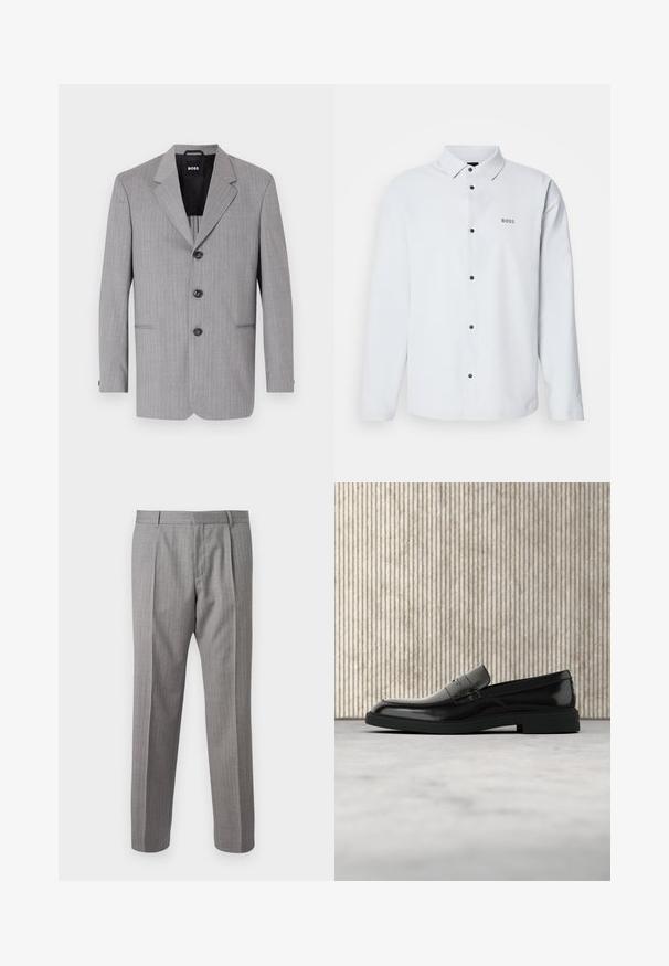 Grå stribet blazer lavet af stof med en glat overflade. Har klapkrave, tre knapper og to forlommer.; Hvid langærmet skjorte med knapper i sort og krave, med et lille "BOSS" logo på venstre bryst.; Grå, stribede bukser med skræddersyet pasform, der har foranfald, bæltestropper og en glat struktur. Lige ben design, rene manchetter.; Sort poleret læderloafer flydende over beige tæppe med orange gennemsigtigt møbel i baggrunden.