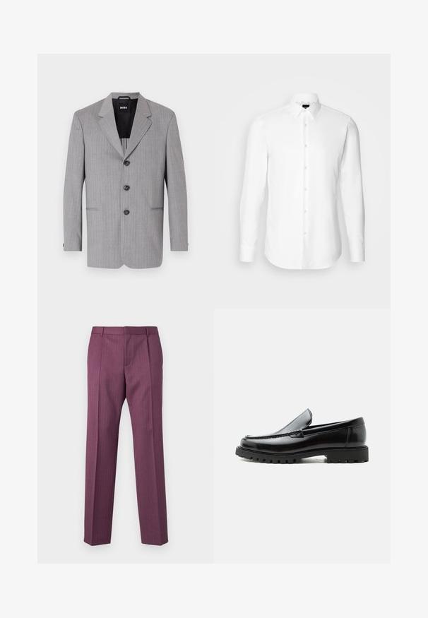 Grau gestreifter Blazer aus einem Stoff mit glatter Textur. Er hat auffällige Revers, drei Knöpfe und zwei vordere Taschen.; Weißes Langarmhemd, vorne mit Knöpfen, klassischer Kragen, aus glattem Stoff mit feiner Textur, für eine figurnahe Passform entworfen.; Lila, gestreifte Hose mit geraden Beinen, taillierter Passform und Fronttaschen. Hergestellt aus leichtem Material, mit Gürtelschlaufen und Bügelfalte.; Schwarzer Lederloafer mit grober Gummisohle, genähter Oberseite und geprägtem Markennamen an der Ferse, seitlich auf weißem Hintergrund gezeigt.