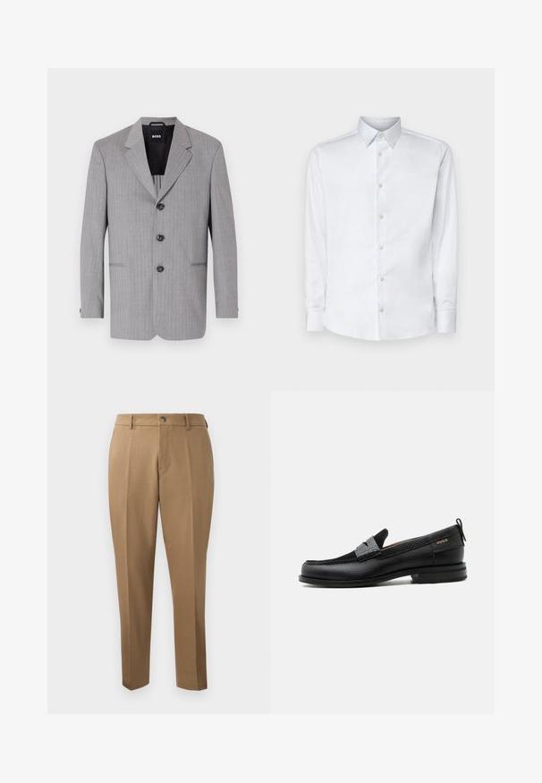 Grå stribet blazer lavet af stof med en glat overflade. Har klapkrave, tre knapper og to forlommer.; Hvid langærmet skjorte lavet af glat stof, med en klassisk krave, knaplukning og manchetter med knapper, vist på en ensfarvet baggrund.; Brune skræddersyede bukser med lige snit, enkelt plissé, bæltestropper og frontknaplukning. Glat stof med en mat overflade.; Sort læderloafer med grå remdetalje, lav hæl og tekstureret sål, mærket med "HUGO" i guld på siden.