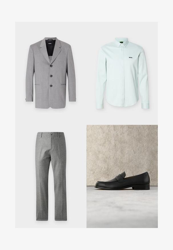 Šedý pruhovaný blazer vyrobený z látky s hladkou textúrou. Má výstrih s renom, tri gombíky a dve predné vrecká.; Svetlomodrá košeľa s dlhým rukávom a gombíkmi, so zapínacím golierom a čiernym logom "BOSS" na ľavej strane hrude.; Sivé textúrované nohavice so strihom rovného nohavicu, s predným zapínaním na gombík a zips. Jemný detail vzoru rybacej kosti.; Čierny kožený mokasín vznášajúci sa nad béžovým koberecom s lesklým hnedým okrúhlym stolom v pozadí.