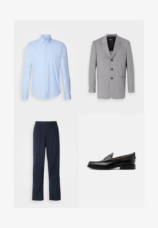 Grau gestreifter Blazer aus einem Stoff mit glatter Textur. Er hat auffällige Revers, drei Knöpfe und zwei vordere Taschen.; Hellblaues Button-up-Hemd aus Baumwolle, mit klassischem Kragen, langen Ärmeln und kleinem Logo auf der Brust. Glatte Textur.; Marineblaue Hose aus Baumwollmischung. Verfügt über einen geraden Schnitt, einen vorderen Knopfverschluss und dezente Falten. Glatte Textur.; Schwarzer Leder-Herrenschuh mit Mokassinnaht, Penny-Riemen, strukturiertem Kragen und niedrigem gestapeltem Absatz auf weißem Hintergrund.