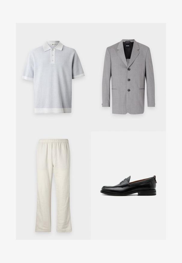 Blazer à rayures grises en tissu au toucher lisse. Il possède des revers crantés, trois boutons et deux poches avant.; Polo gris clair avec un motif texturé, manches courtes, et un col et un ourlet blancs contrastants. Patte de boutonnage à trois boutons à l'avant.; Pantalons en lin léger beige avec taille élastique, coupe droite, et sans poches ni fermetures visibles.; Mocassin homme en cuir noir avec couture moc toe, bride penny, col texturé et petit talon empilé sur fond blanc.