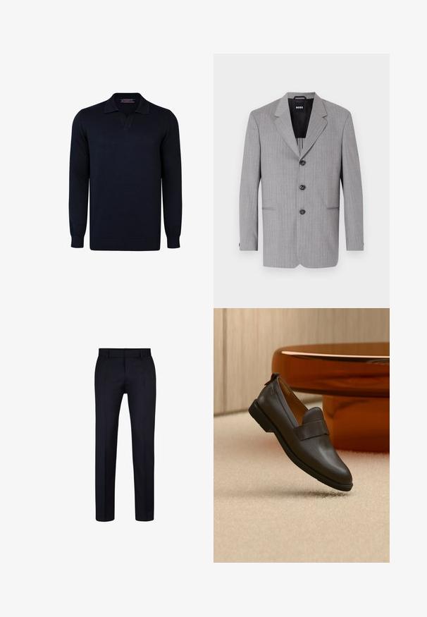 Grau gestreifter Blazer aus einem Stoff mit glatter Textur. Er hat auffällige Revers, drei Knöpfe und zwei vordere Taschen.; Marineblauer Pullover mit Polokragen, langen Ärmeln und gerippten Bündchen. Hergestellt aus glattem, gestricktem Stoff ohne Muster oder metallische Akzente.; Marineblaues, maßgeschneidertes Hosenmodel mit flachem Frontdesign, Seitentaschen und glatter Textur. Entworfen mit geradem Schnitt und eleganter Verarbeitung.; Dunkelbrauner Lederloafer mit niedrigem Absatz, der über einem beigen Teppich schwebt, neben einem glänzenden, abgerundeten, bernsteinfarbenen Tisch.