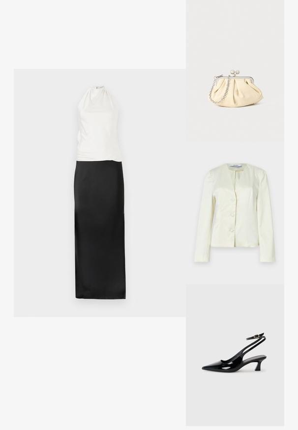 Veste blanche ajustée avec manches longues, col en V et trois boutons sur le devant. Confectionnée en tissu lisse avec une coupe structurée.; Robe dos nu avec un haut blanc ajusté et une jupe longue en satin noir fluide. Texture lisse, design minimaliste et silhouette longue jusqu'au sol.; Escarpins à brides arrière en cuir verni noir, à bout pointu, avec un petit talon carré et une sangle de cheville ajustable dotée d'une boucle dorée.; Pochette en cuir beige plissé avec un cadre en métal argenté, dotée de deux fermoirs ronds décoratifs et d'une chaîne en argent.