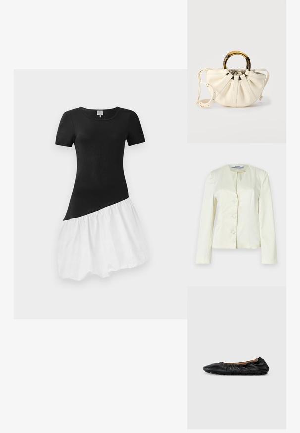 Blazer blanco a medida con mangas largas, escote en v y tres botones delanteros. Confeccionado con tela lisa y un corte estructurado.; Vestido en blanco y negro con mangas cortas, parte superior negra ajustada y una falda blanca acampanada. La falda tiene una textura recogida en el dobladillo.; Bailarina de cuero negro con detalles fruncidos en el cuello, punta redondeada y suela de goma flexible. Textura suave en toda su superficie.; Bolso de color crema con cuerpo de cuero plisado, asas circulares de carey redondas y tono dorado, y una banda de hombro ajustable.
