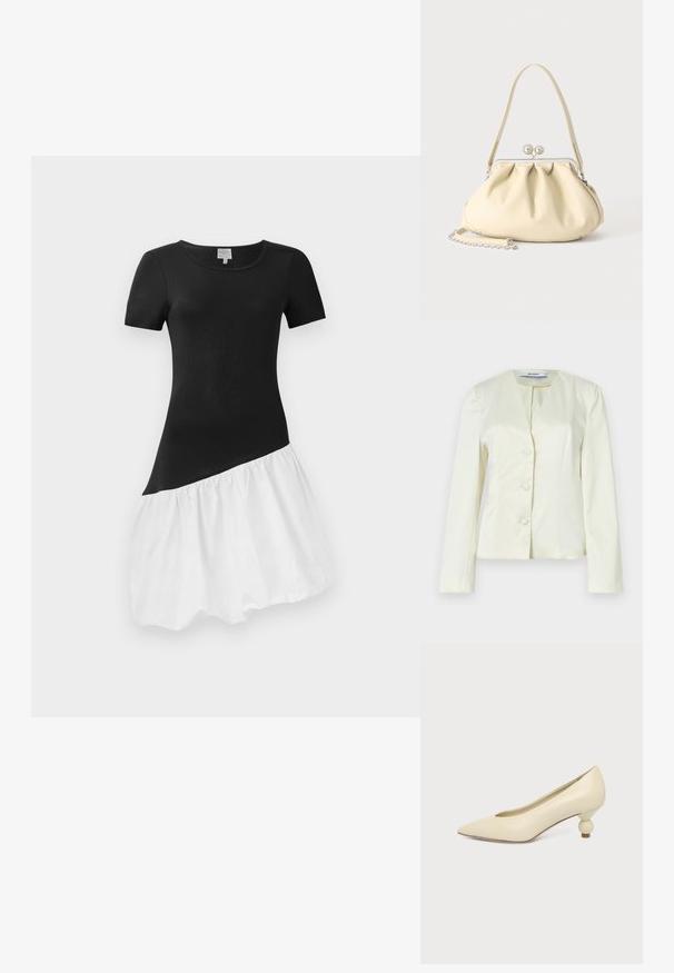 Witte, op maat gemaakte blazer met lange mouwen, een V-hals en drie knopen aan de voorkant. Gemaakt van gladde stof met een gestructureerde pasvorm.; Zwart-witte jurk met korte mouwen, aansluitende zwarte top en een wijd uitlopende witte rok. De rok heeft een geplooide textuur aan de onderkant.; Dames schoen in roomkleur met een puntige neus en een lage, ronde balvormige hak op een effen achtergrond.; Crèmekleurige zachte leren handtas met geplooid ontwerp, zilveren frame sluiting, korte handgreep en een afneembare kettingriem.