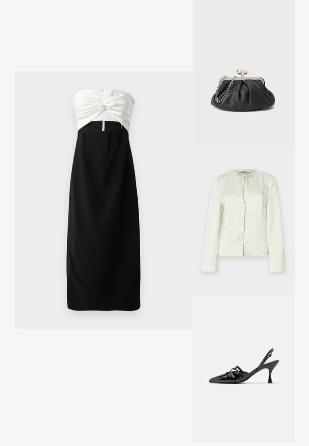 Witte, op maat gemaakte blazer met lange mouwen, een V-hals en drie knopen aan de voorkant. Gemaakt van gladde stof met een gestructureerde pasvorm.; Strapless jurk met een crèmekleurige satijnen lijfje met een knoopdetail, gecombineerd met een zwarte, gladde stoffen rok en een verborgen ritssluiting aan de achterkant.; ALOHAS JOELLE ONIX - Klassieke pumps - black; Zwarte leren clutch met geplooide textuur, zilverkleurig metalen frame, drukknopsluiting en kettingriem. Glad, zacht oppervlak.