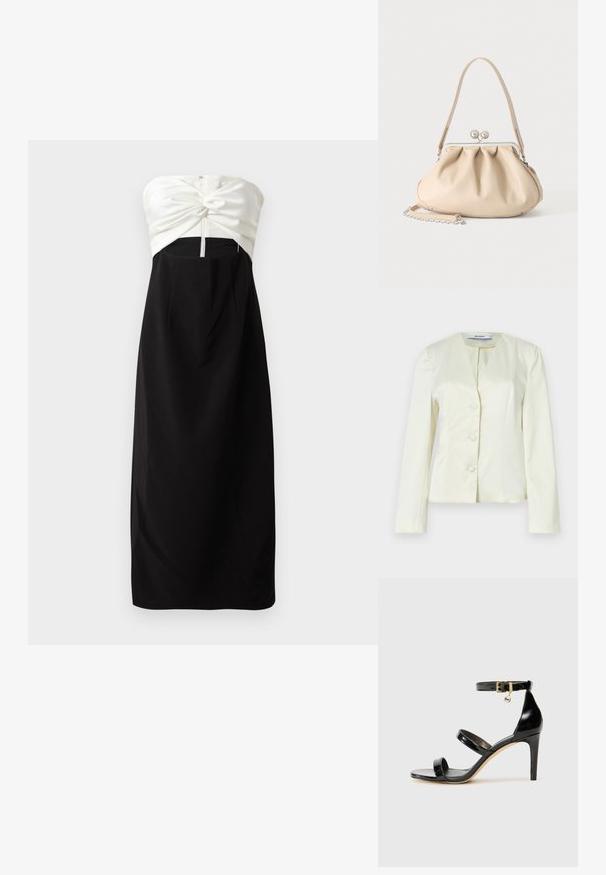 Witte, op maat gemaakte blazer met lange mouwen, een V-hals en drie knopen aan de voorkant. Gemaakt van gladde stof met een gestructureerde pasvorm.; Strapless jurk met een crèmekleurige satijnen lijfje met een knoopdetail, gecombineerd met een zwarte, gladde stoffen rok en een verborgen ritssluiting aan de achterkant.; Zwarte gepatineerde leren sandaal met drie banden, enkelgesp en 10 cm hoge stiletto hak. Bevat gouden hardwaredetails en een logo charm.; Beige zachte leren handtas met een zilveren metalen frame sluiting, een enkele schouderriem en een optionele kettingriem op een witte achtergrond.