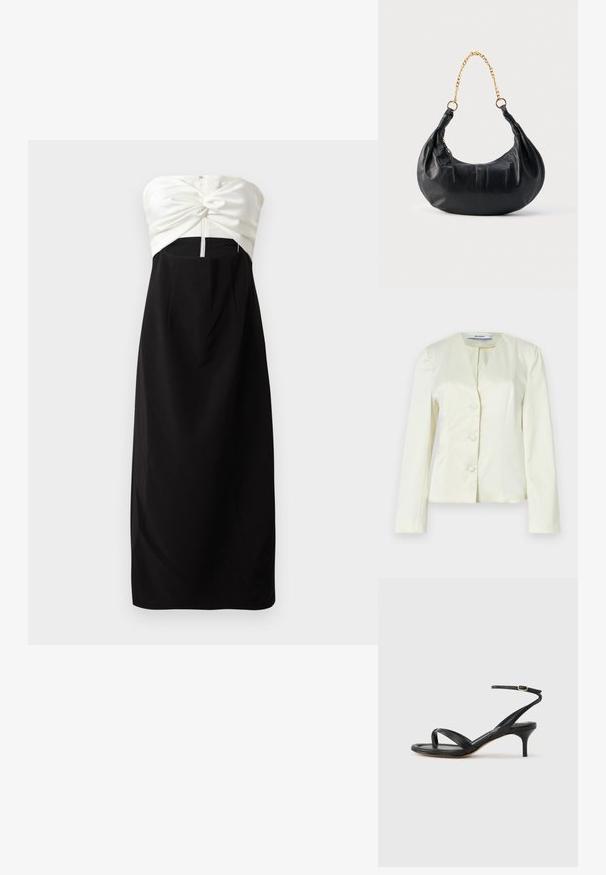 Hvid, skræddersyet blazer med lange ærmer, en v-udskæring og tre knapper foran. Fremstillet af glat stof med en struktureret pasform.; Stropeløs kjole med en cremet satin overdel med knude-detail, parret med en sort, glat stofnederdel og en skjult bagside lynlås.; Sort damesandal i læder med tynde remme, en tå-loop, ankelspænde og en mellemhøj stiletthæl på en neutral baggrund.; Sort læderhåndtaske i halvmåneform med gyldent kæderem og lynlås på siden.