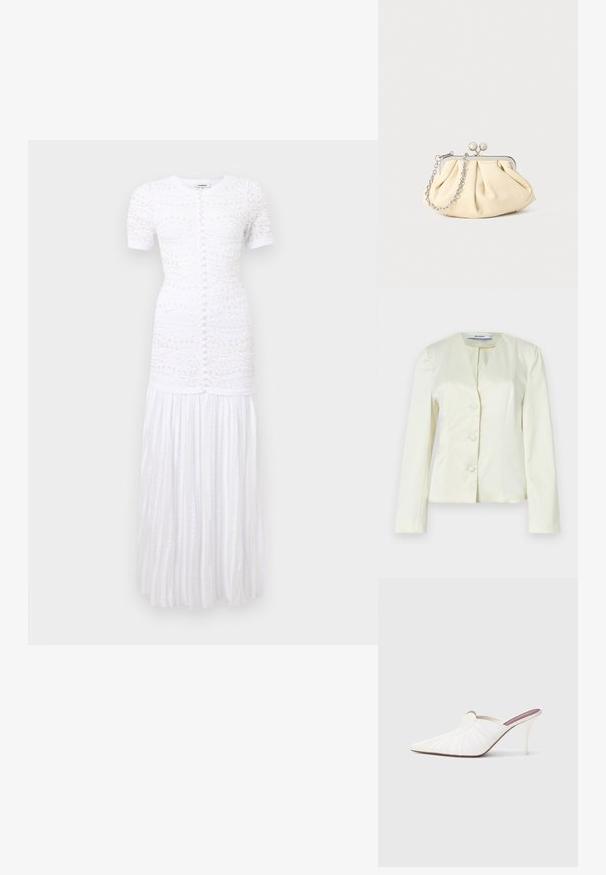 Veste blanche ajustée avec manches longues, col en V et trois boutons sur le devant. Confectionnée en tissu lisse avec une coupe structurée.; Robe maxi blanche à manches courtes avec fermeture à boutons à l'avant, broderie florale texturée sur le corsage, et détails de jupe plissée.; Mules blanches à bout pointu, texture plissée sur le dessus, et talon stiletto fin. Surface lisse et design minimaliste.; Pochette en cuir beige plissé avec un cadre en métal argenté, dotée de deux fermoirs ronds décoratifs et d'une chaîne en argent.