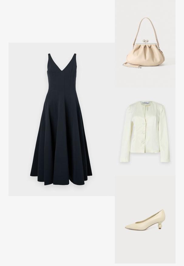 Veste blanche ajustée avec manches longues, col en V et trois boutons sur le devant. Confectionnée en tissu lisse avec une coupe structurée.; Robe sans manches bleu marine avec un décolleté en V, une jupe évasée et des coutures verticales, présentant une texture lisse et une longueur jusqu'aux chevilles.; Chaussure femme couleur crème à bout pointu avec un petit talon rond en forme de boule, sur fond uni.; Sac à main en cuir souple beige avec un fermoir en métal argenté, une bandoulière simple et une bandoulière chaîne optionnelle sur fond blanc.