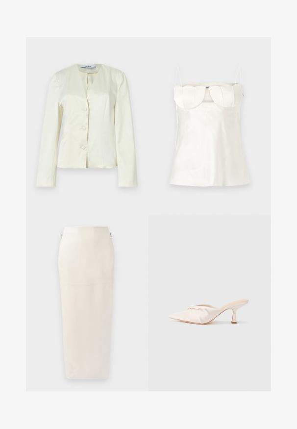 Veste blanche ajustée avec manches longues, col en V et trois boutons sur le devant. Confectionnée en tissu lisse avec une coupe structurée.; Caraco en satin blanc avec bretelles réglables, un bustier structuré et festonné, et un ourlet droit. Texture lisse et design minimaliste.; Jupe midi crème à la silhouette ajustée, confectionnée en tissu lisse, dotée d'une fermeture éclair cachée sur le côté et de détails de couture minimalistes.; Chaussure mule en tissu beige clair avec un design noué à l'avant, bout pointu et talon fin et effilé. Texture lisse dans l'ensemble.