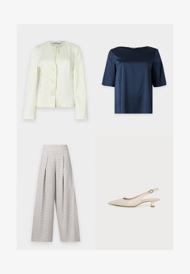 Witte, op maat gemaakte blazer met lange mouwen, een V-hals en drie knopen aan de voorkant. Gemaakt van gladde stof met een gestructureerde pasvorm.; Marineblauwe satijnen blouse met korte mouwen, een ronde halslijn en een losse pasvorm, getoond tegen een effen achtergrond.; Lichtgrijze wijde broek met een textuurpatroon dat lijkt op kleine driehoeken, met een hoge taille en plooien voor extra structuur.; Beige slingback-schoen met een spits toelopende neus, lage kittenhak en verstelbare zijgesp op een effen witte achtergrond.