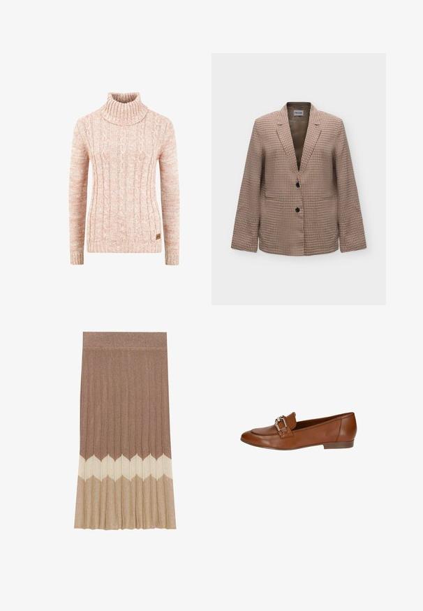 Blazer marrón y beige con estampado de pata de gallo, solapas con muesca y dos botones delanteros sobre un fondo blanco liso.; Suéter de cuello alto de punto en suave melocotón, con patrón de cable texturizado, mangas largas y una etiqueta de marca tejida en el dobladillo.; Falda plisada hasta la rodilla en un degradado de marrón y beige con un acabado texturizado y un patrón de chevron en contraste en el dobladillo.; Mocasines de cuero marrón con tacón plano, que cuentan con una hebilla decorativa de plata y un acabado liso y pulido. Diseño de punta redonda.
