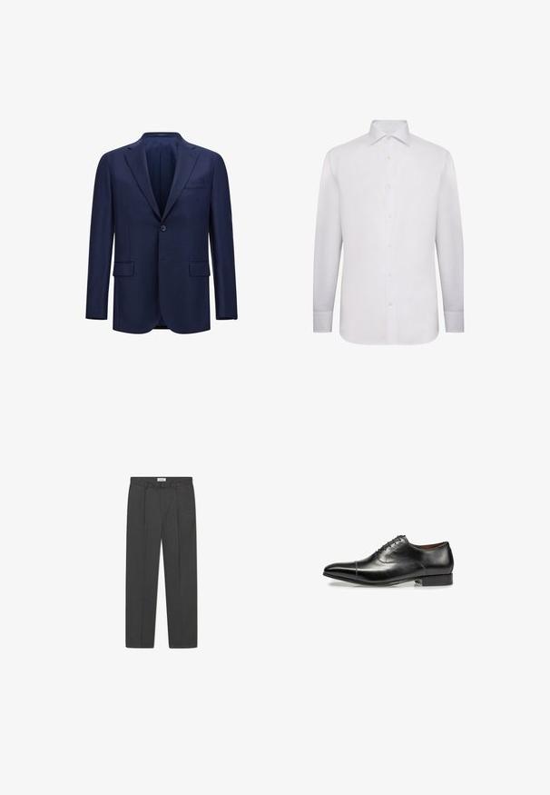 Marineblaue Blazer aus strukturiertem Stoff, mit einem Knopfverschluss, zwei Vorderaschen und einem spitz zulaufenden Revers.; Weißes Langarm-Hemd aus glattem Stoff. Mit klassischem Kragen, durchgehendem Knopfverschluss und geknöpften Manschetten. Keine Muster oder Verzierungen.; Graue maßgeschneiderte Hose mit dezentem Karomuster, strukturiertem Gewebe und vorderen Falten, ausgestattet mit einem Bund mit Gürtelschlaufen.; Schwarze formelle Lederschuhe mit einer eleganten, spitzen Zehenpartie, sechs Ösen-Schnürung und niedrigem Absatz. Glatte Textur mit minimaler Nahtdetails.
