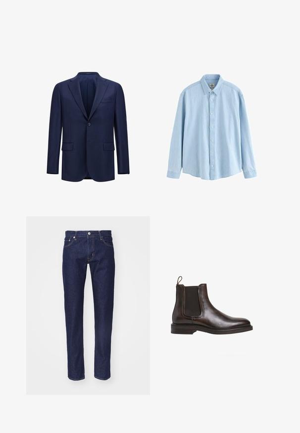 Námornícky modrý blazer vyrobený z textúrovaného materiálu, s jedným gombíkom, dvoma prednými vreckami a dizajnom s výstrihom do "V".; Svetlomodrá denimová košeľa s dlhým rukávom, gombíkmi, golierom a bielymi gombíkmi, stredná veľkosť, zobrazená na bielom pozadí.; Námořnické modré džíny s rovný fit, designem s pěti kapsami, kontrastním oranžovým prošíváním a stříbrným knoflíkem na zapínání v pase.; Hnedé kožené Chelsea čižmy s elastickými bočnými panelmi, slučkou na vytiahnutie a nízkym vrstveným podpätkom. Hladký povrch a elegantný silueta.