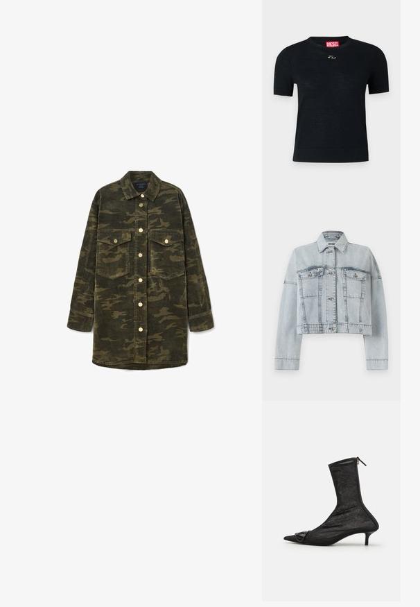 Lys blå denimjakke med en cropped design, der har to forlommer, knaplukning og en klassisk krave. Glat tekstur og syede detaljer.; Sort kortærmet T-shirt med rund hals, lavet af blødt stof, med en rund sølvdetalje nær halsudskæringen og et rødt mærke.; Langærmet grøn og brun camo kordfløjl skjortejakke med krave, knaplukning foran og to brystlommer med klap.; Sorte mesh ankelstøvler med spidse tæer, lynlås og en lille hæl. Har en dekorativ spændeaccent nær tåområdet.